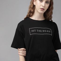 Roadster Women Black Printed Round Neck Pure Cotton Longline T-shirt-image-56
