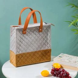 Nestasia Grey & Brown Quilted Luxe Velvet Waterproof And Multipurpose Lunch Bag | Ideal For Gifting-15