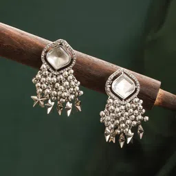 Jazz and Sizzle Silver-Plated American Diamond Studded Diamond Shaped Drop Earrings-17
