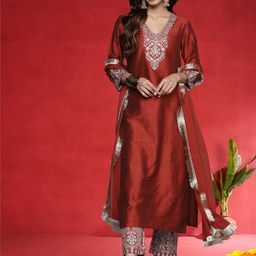 Varanga Women Ethnic Motifs Embroidered V-Neck Sequinned Kurta with Trousers & Dupatta-picture-1