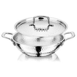 Nirlon Silver Stainless Steel 24 cm Induction & Gas Hammered Tri-Ply Deep Kadhai With Lid (2.6 L)-0