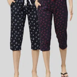 Kryptic Navy Elasticated Waist Band Relaxed Fit Printed Cotton Capris - Pack of 2-image-35