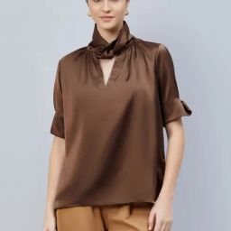 First Resort By Ramola Bachchan Brown Twisted Embellished Satin Shirt-image-52