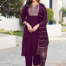 DRESOUL Floral Embroidered Notch Neck Sequnned Straight Kurta With Trousers & Dupatta-picture-23