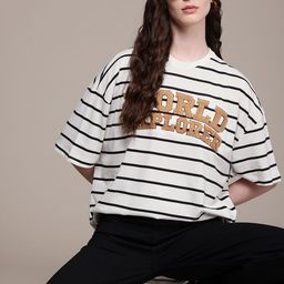 The Roadster Life Co. Self Design Striped Drop-Shoulder Sleeves Oversized T-shirt-image-24