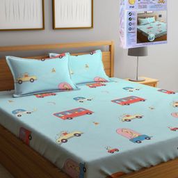 FABINALIV Blue & Red Cartoon Characters 300 TC King Bedsheet with 2 Pillow Covers-38