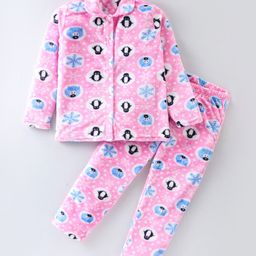Kanvin Supersoft Extra Warm Velour Full Sleeves Winter Night Suit With Penguin Print - Pink-image-52