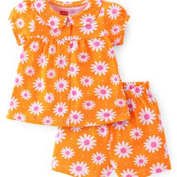 Babyhug Cotton Single Jersey Knit Half Sleeves Front Open Night Suit Floral Print - Orange-image-97