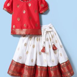 Babyhug Woven Half Sleeves Pattu Pavada Lehenga Choli Set With Floral & Lace Detailing - Red & White-picture-27