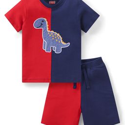 Babyhug Single Jersey Knit Half Sleeves T-Shirt & Shorts Set with Dino Embroidery - Red & Blue-image-55