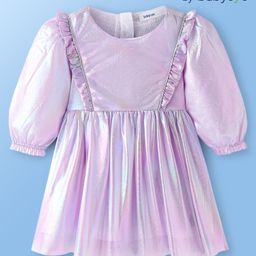 Babyoye Full Puffed Sleeves  Solid Color Holographic Party Frock - Off White & Purple-image-16