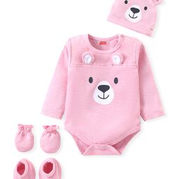 Babyhug Interlock Knit Full Sleeves Onesie with Mittens Booties & Cap Bear Applique & Print - Pink-picture-11