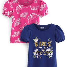 Honeyhap Premium 100% Cotton Knit Puff Sleeves Tops With Bio Finish & Glitter Foil Text Print Pack Of 2 - Navy Blue & Pink-image-31