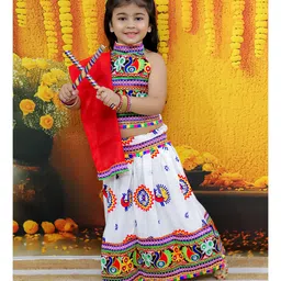 BownBee Sleeveless Navratri Theme Mirror Work Embellished & Embroidered Chaniya Choli Set - White-picture-45