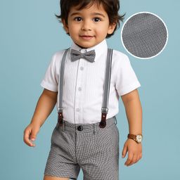 Mark & Mia Cotton Woven Half Sleeves Shirt & Short with Bow & Suspender - White & Grey-image-88