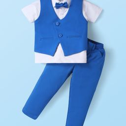 Babyhug Knit Half Sleeves Solid Color 3 Piece Party Suit withBow - White & Blue-image-65