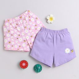 BUMZEE Cotton Woven Above Knee Length Shorts with Floral & Bee Print Pack of 2 - Pink & Lavender-image-4