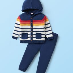 Babyhug Knit Full Sleeves Hooded Sweater with Pockets & Pants with Stripes Design - Royal Blue-image-102