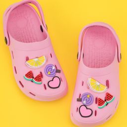 Yellow Bee Solid Clogs With Fruits Candy & Heart Charm - Pink-image-80