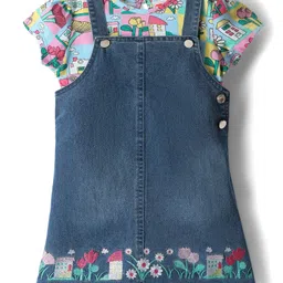 Babyhug Cotton Knit Half Sleeves Floral Printed Frock With Inner Tee - Blue-picture-11