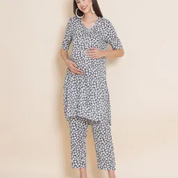 Mine4Nine Rayon Woven Half Sleeves Floral Printed Maternity Kurta With Nursing Access & Coordinating Pant Set - Grey & White-picture-32
