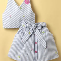 Dew Drops Poplin Woven Sleeveless Striped Floral Embroidered Top & Skirt Set With Belt - Blue & White-image-93