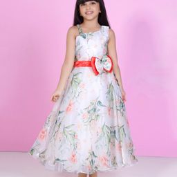 Ministitch Organza Woven Sleeveless Floral Printed Bow Applique Detailed Gown - Off White-image-39