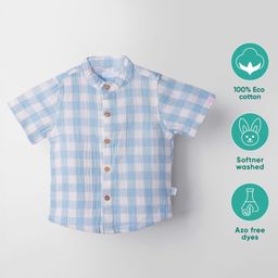 Greendeer 100% Softner Washed Muslin Cotton Woven Half Sleeves Checked Shirt - Blue-image-57