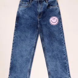 Kiddopanti Denim Woven Sequin Smiley Patch Detailed Straight Fit Jeans - Blue-picture-44
