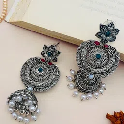 Anouk German Silver-Plated Stones Studded & Pearls Beaded Oxidised Floral Jhumkas-picture-14