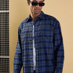 MASCLN SASSAFRAS Men Spread Collar Shepherd Checked Cotton Oversized Casual Shirt-image-80