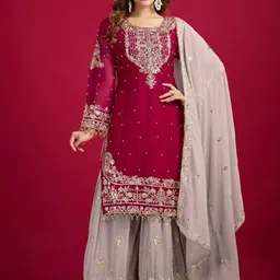 MISS CLOTHING Women Ethnic Motifs Embroidered Regular Beads and Stones Kurta with Sharara & With Dupatta-picture-40