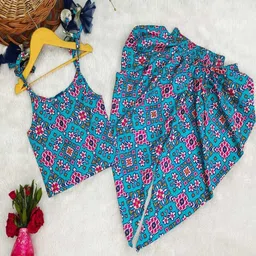 Shoryam Fashion Girls Ethnic Motifs Printed Regular Mukaish Top with Dhoti Pants-image-51