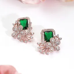 Rubans 18K Rose Gold-Plated Emerald Green & Cubic Zirconia Studded Floral Stud Earrings-image-36