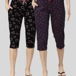 Kryptic Black & Navy Elasticated Waist Band Relaxed Fit Printed Cotton Capris - Pack of 2-image-49