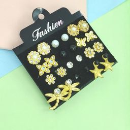 NAVJAI Set of 12 Gold-Plated Metal American Diamond Earrings-image-77