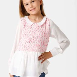 Kate & Oscar Kids White & Pink Cotton Self Pattern Full Sleeves Top-image-33