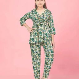 Aarika Kids Cream & Green Cotton Floral Print Kurti Set-image-70