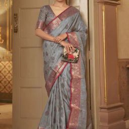 Elora Grey Silk Woven Saree With Unstitched Blouse-image-25