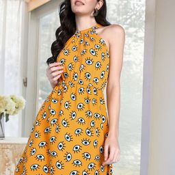 Popwings Women Abstract Print Halter Neck A-Line Dress-image-118