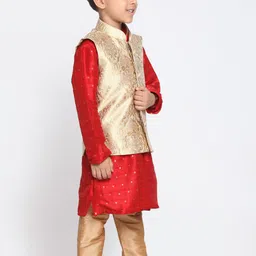 VASTRAMAY Boys Maroon & Gold Kurta With Jacket & Pyjama Set image 2