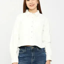 Spykar White Cotton Slim Fit Cropped Shirt-image-74
