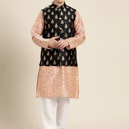 SOJANYA Men Pink & Gold Floral Printed Straight Kurta Churidar & Woven Design Nehru Jacket-38