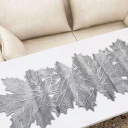 MONKDECOR Silver-Toned Floral Cutwork Design Waterproof Table Runner-34