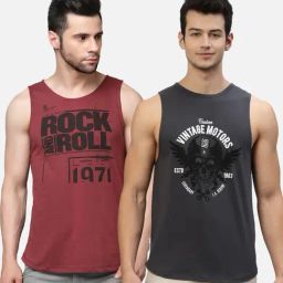 Rigo Maroon & Grey Slim Fit Printed Sleeveless Crew T-Shirt - Pack of 2-image-15