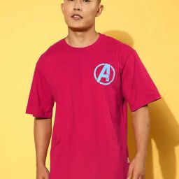 Veirdo Magenta Loose Fit Graphic Print Oversized T-Shirt-image-4