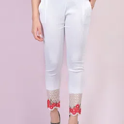 DIMPY GARMENTS Women Solid Cotton Slim Fit Mid-Rise Trousers With Lace Detail-image-43
