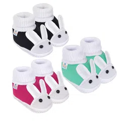 Neska Moda 0 To 6 Months Newborn Baby Boy & Girls 3 Pair Set Cotton Rabbit Slip On Baby Booties (Toe to Heel Length - 10 cm, Black, Rani, Mint)-image-66
