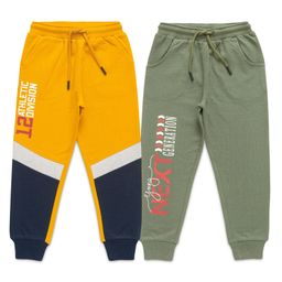 JusCubs Bio Washed Pack Of 2 Colour Blocked Text Printed Track Pants - Yellow Green-image-62