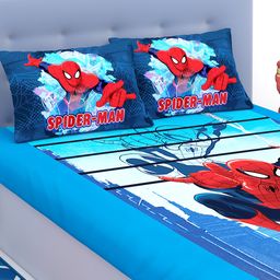 Athom Living Marvel Spiderman Blue Cotton Double Bedsheet Set- Blue-image-92
